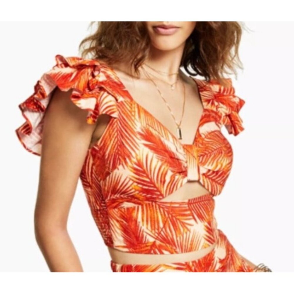 INC Womens Summer Palm Print Ruffled Crop Top With Back Zipper Size M